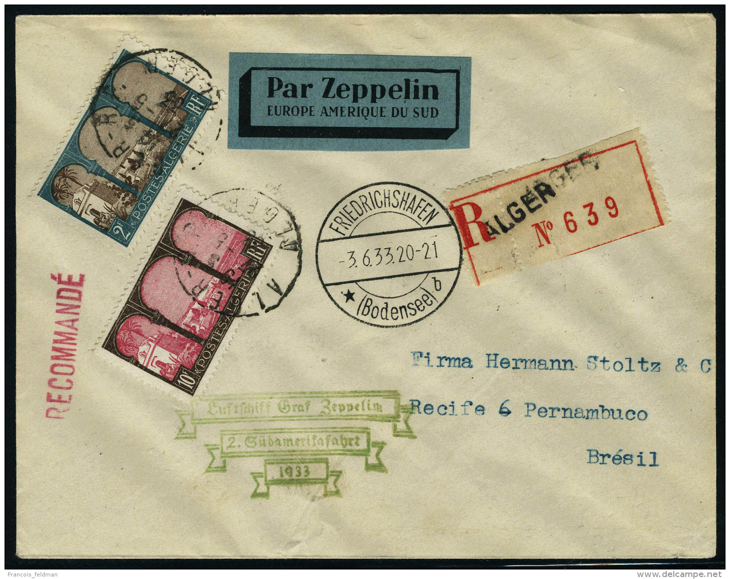 Lettre Zeppelin 2&egrave; SAF 1933, LR D'Alger 27.5.33 Affranchie Avec N&deg; 54 Et 84, C&agrave;d De Transit... - Autres & Non Classés