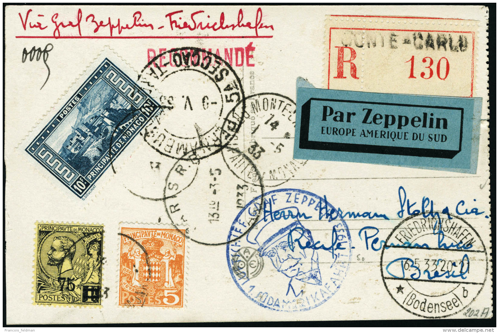 Lettre ZEPPELIN. 1er S.A.F. 1933 Pour Le Br&eacute;sil. T.B. - Autres & Non Classés