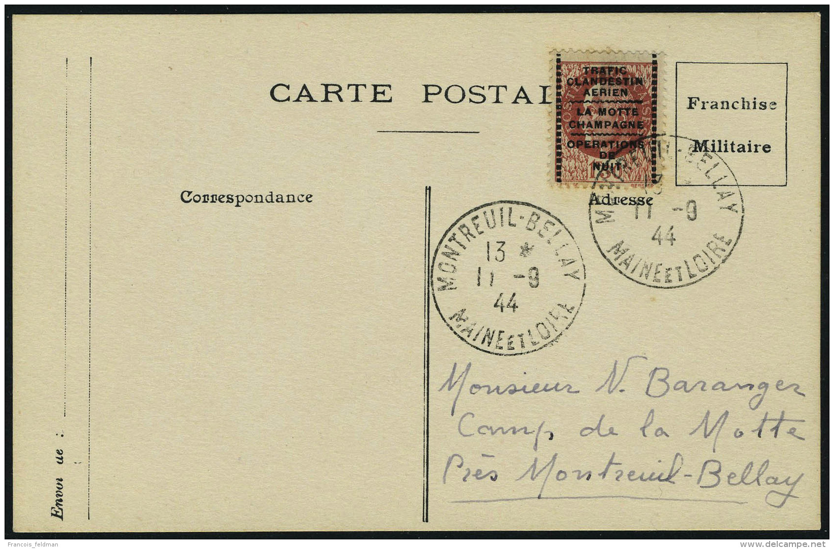 Lettre MONTREUIL BELLAY, Mayer N&deg; 43, Sur CP C&agrave;d Montreuil Bellay 11.9.44, Pour Le Camp De La Motte T.B. - Autres & Non Classés