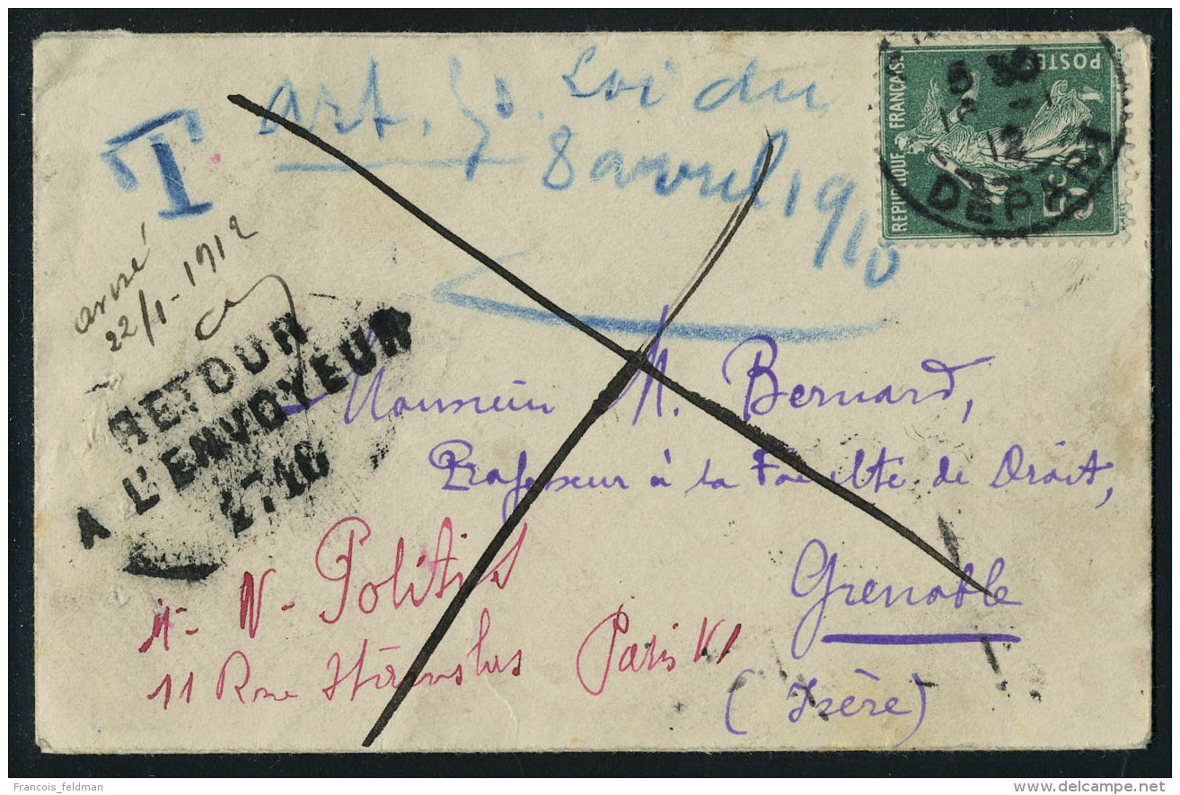 Lettre N&deg; 137 Oblit&eacute;r&eacute; Paris D&eacute;part 1912, Sur Enveloppe Avec Carte De Visite Tax&eacute;e... - Autres & Non Classés