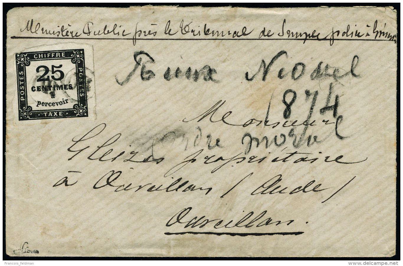 Lettre N&deg; 5. 25c Noir Type I Sur L, Obl. OR Pour Ouveillan Sur Aude, Timbre L&eacute;g. Touch&eacute;,... - Autres & Non Classés