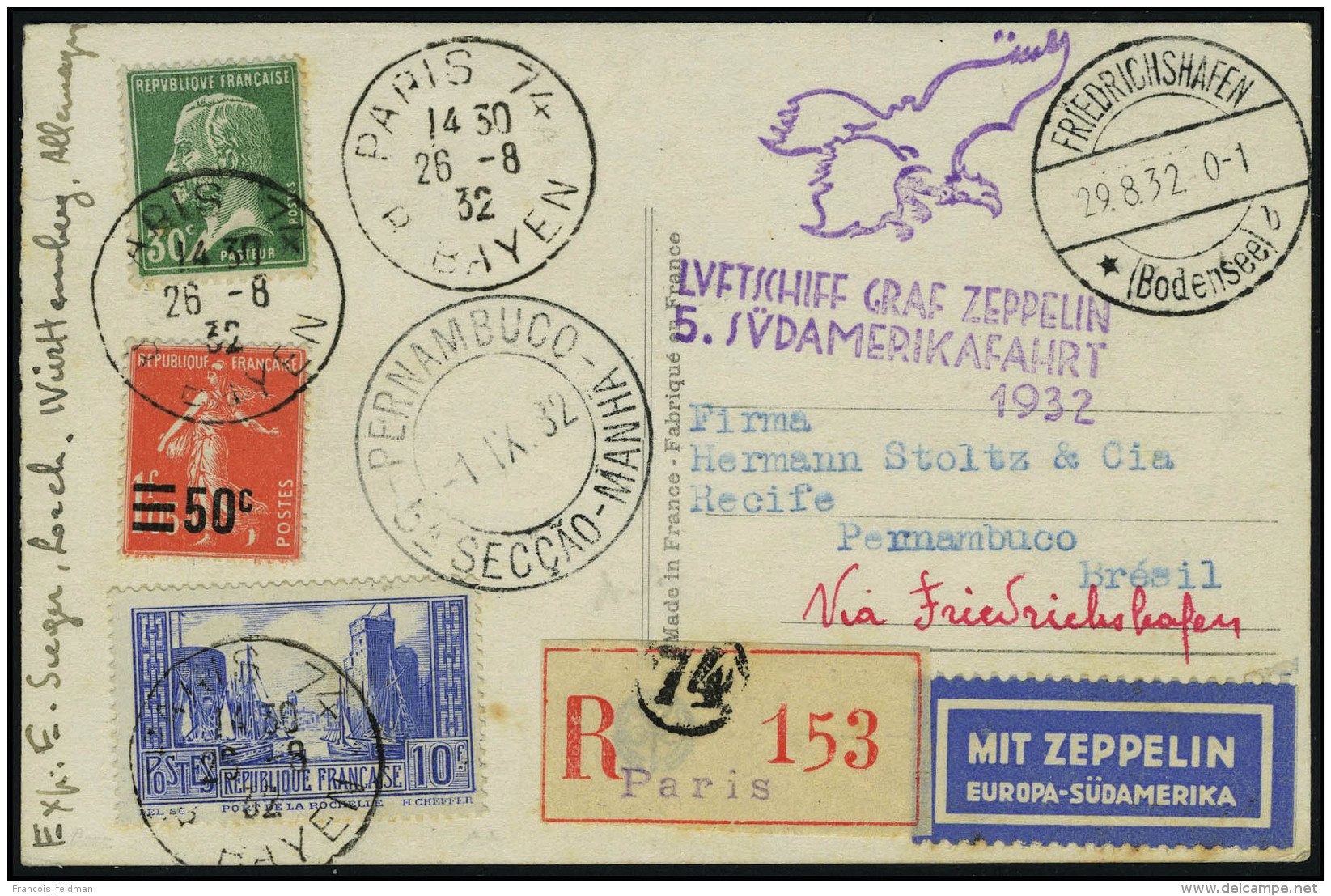 Lettre Zeppelin 5&egrave; SAF 1932 Pour Le Br&eacute;sil, T.B. - Autres & Non Classés