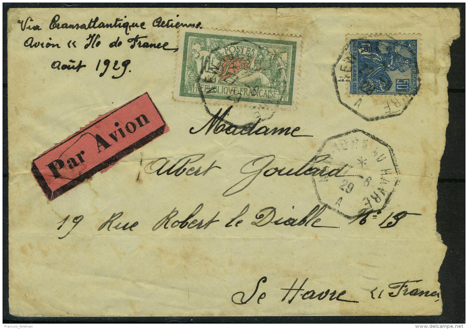 Lettre L. Affranchie Avec TP N&deg; 207 + 257, C&agrave;d New York Au Havre 27.6.29, Mention Manuscrite Via... - Autres & Non Classés