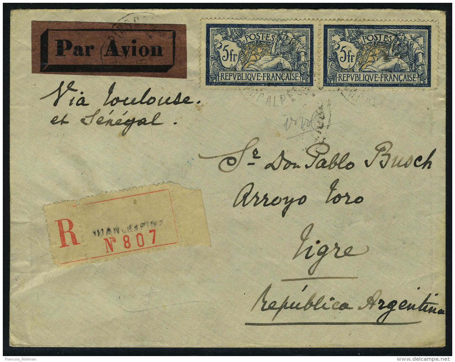 Lettre LR Affranchie Avec TP N&deg; 123 X 2, De Juan Les Pins, Pour Tigre Argentine, Mention Manuscrite Via... - Autres & Non Classés