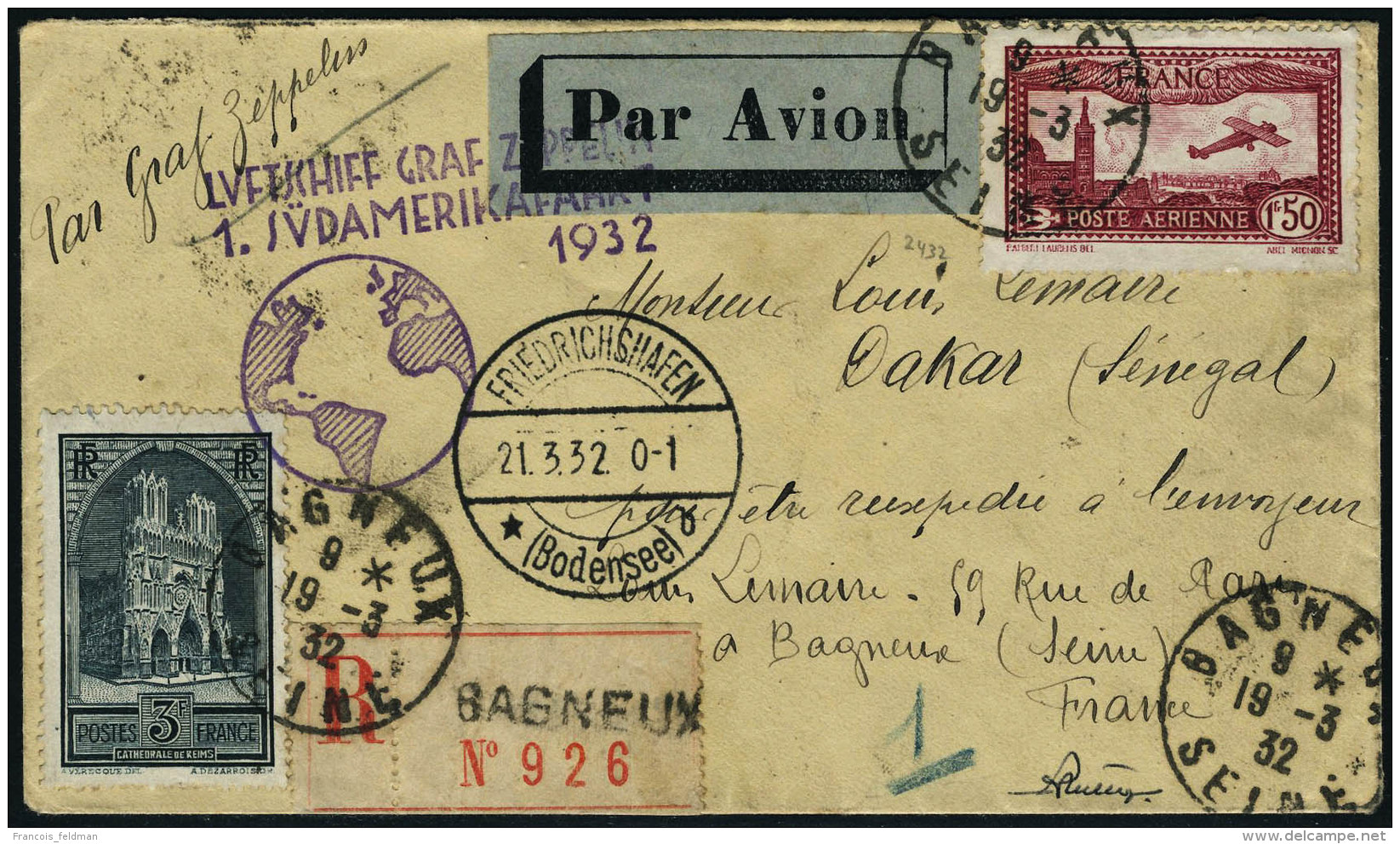 Lettre Zeppelin 1er SAF 1932, LR 19.3.32 Transit Friedrichshafen + Arriv&eacute;e Pernambuco, T.B. - Autres & Non Classés