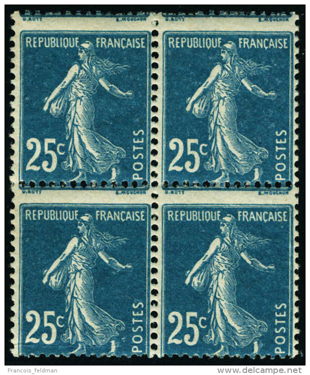 Neuf Sans Charni&egrave;re N&deg; 140, 25c Bleu Semeuse, Bloc De 4, Piquage &agrave; Cheval, T.B. - Autres & Non Classés