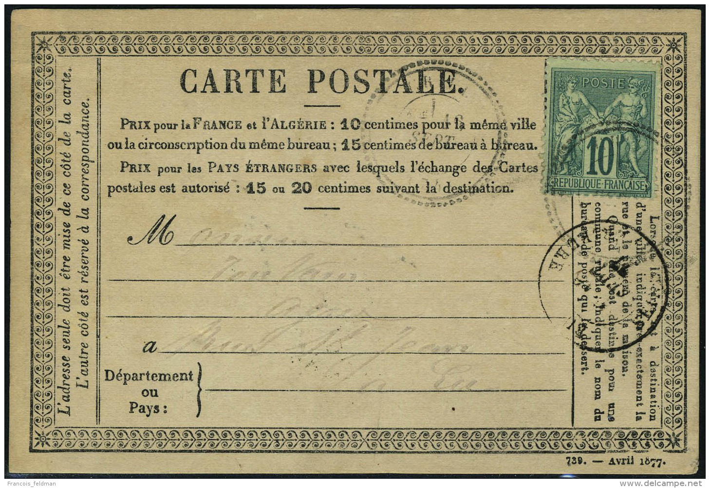 Lettre N&deg; 76, 10c Vert Obl Cachet Perl&eacute; Sur Carte Postale Adress&eacute;e &agrave; Eu. T.B. - Autres & Non Classés