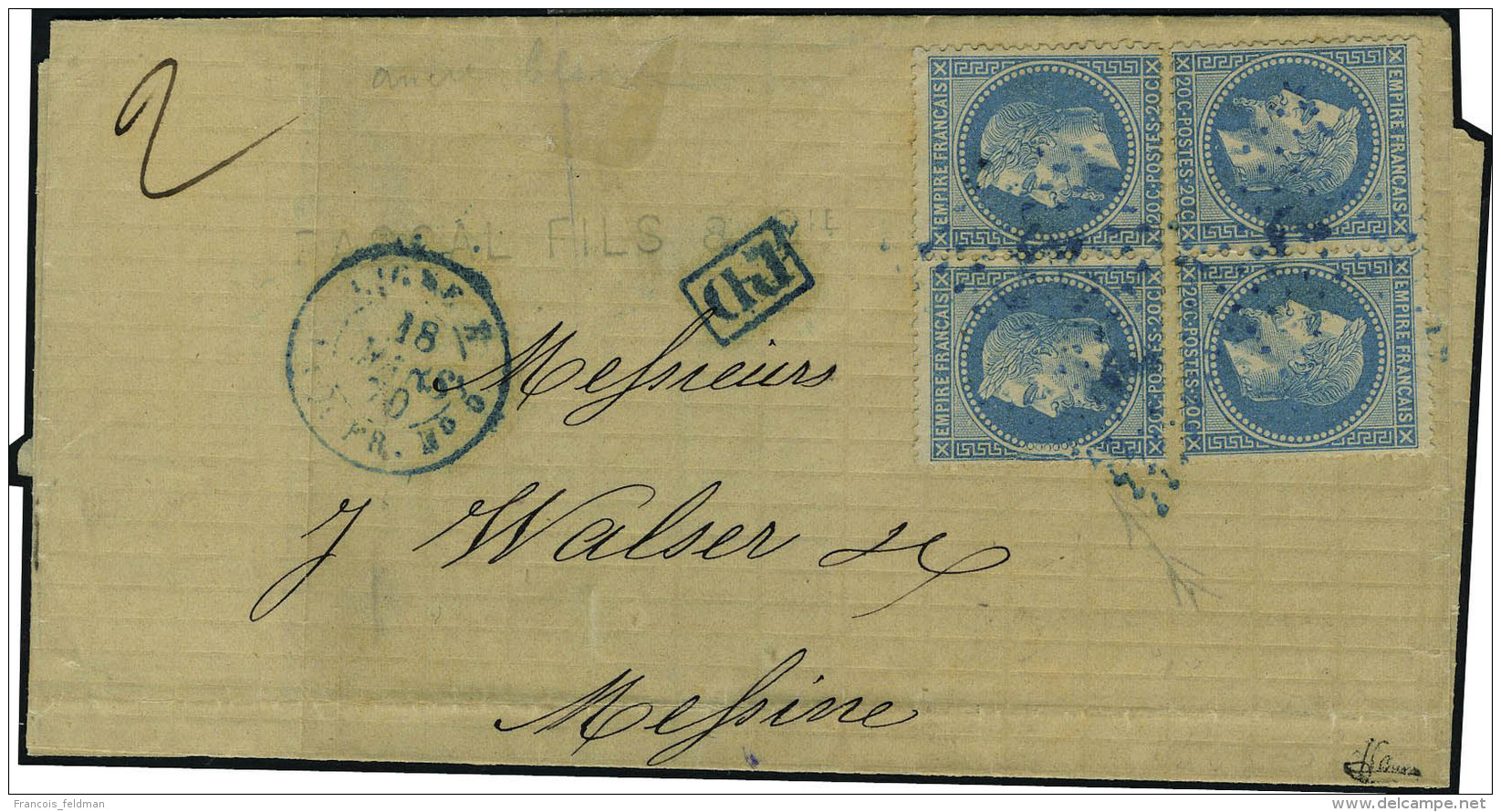 Lettre N&deg; 29, 20c Bleu X 2 Paires Sur L Obl Ancre Bleue + C&agrave;d 18 Mars 70 PAR N&deg; 5 Pour Messine, T.B.... - Autres & Non Classés