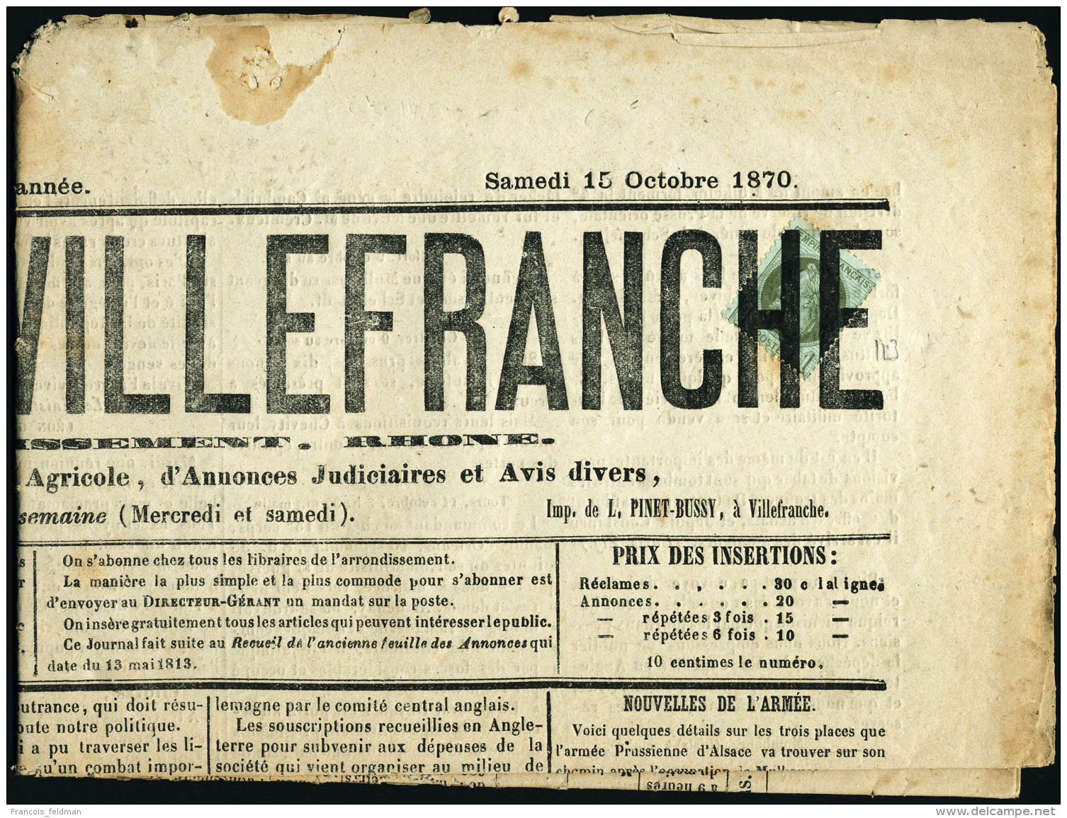 Lettre N&deg;25. 1c Empire Laur&eacute; Seul S/journal Complet, Le Journal De Villefranche Du 15 Octobre 1870.... - Autres & Non Classés