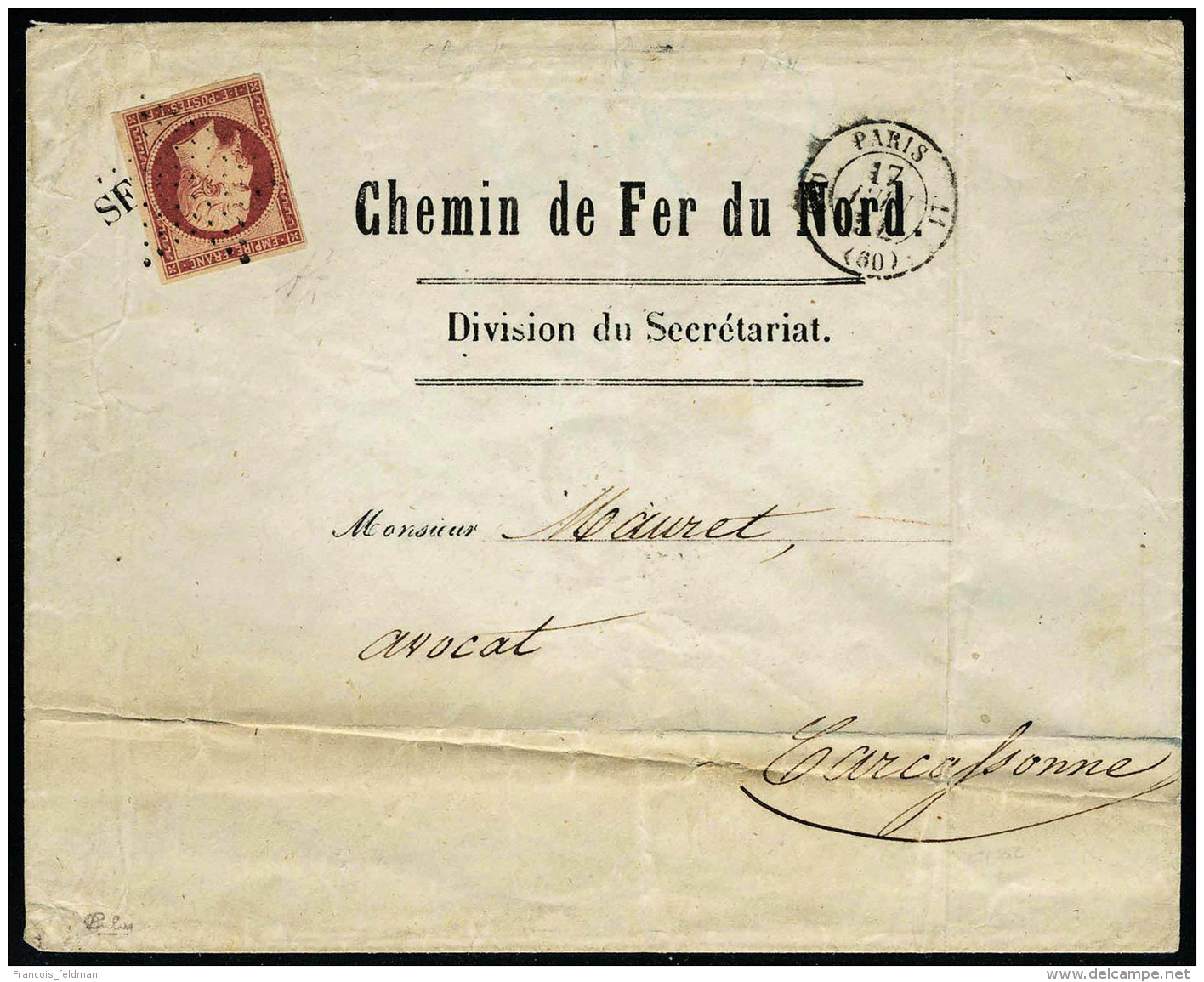 Lettre N&deg; 18a, 1f Carmin Fonc&eacute; Seul Sur Lettre &agrave; Ent&ecirc;te Chemin De Fer Du Nord Obl.... - Autres & Non Classés