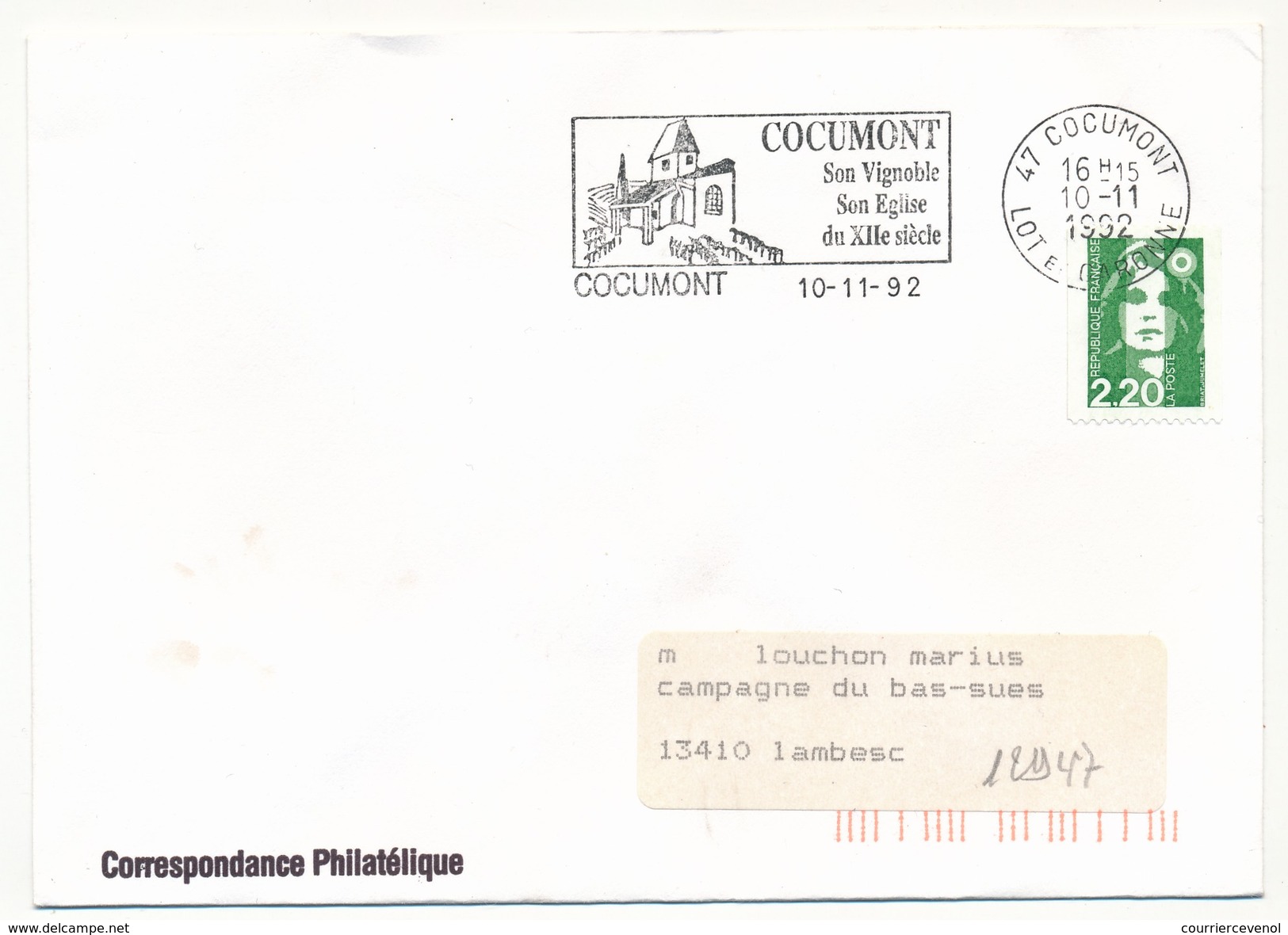 FRANCE - Env. Affr 2,20 Briat - OMEC "Cocumont, Son Vignoble, Son église Du XIIeme Siècle" COCUMONT (Lot Et Garonne)1992 - Other & Unclassified