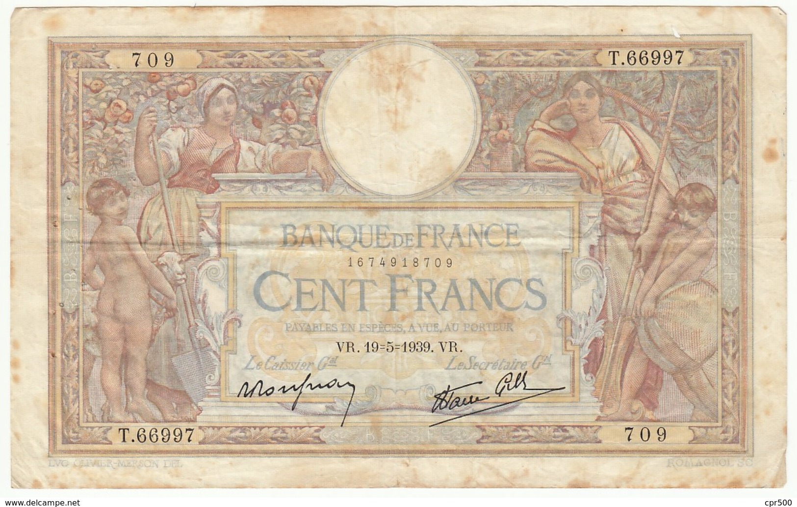 100 Francs Luc Olivier Merson Type 1906 Modifié, F.25.47, 19/05/1939, Alpha T.66997, B - 100 F 1908-1939 ''Luc Olivier Merson''