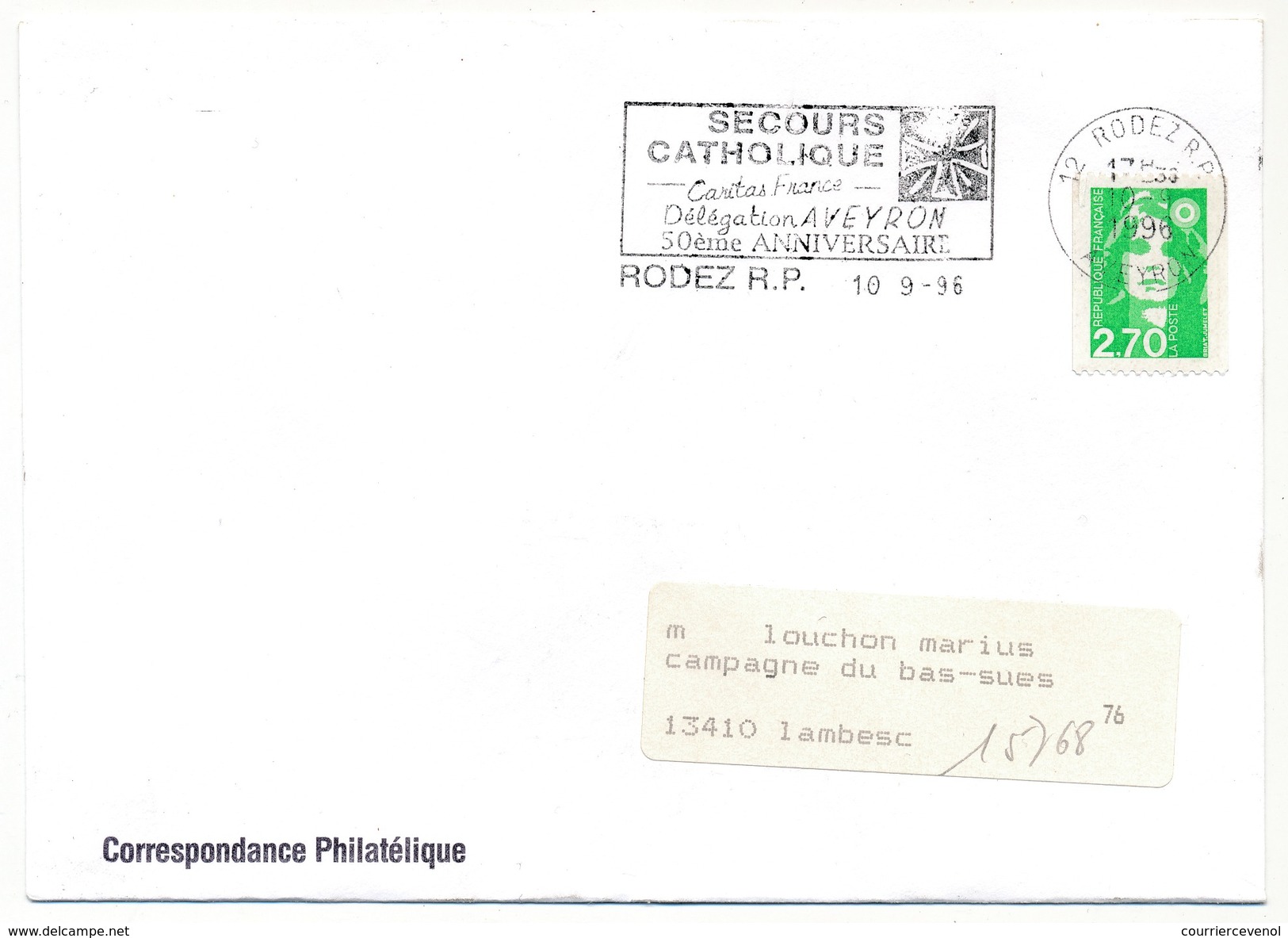 FRANCE - Env. Affr 2,70 Briat - OMEC "Secours Catholique Délégation Aveyron 50ème Anniv." RODEZ (Aveyron) 1996 - Autres & Non Classés