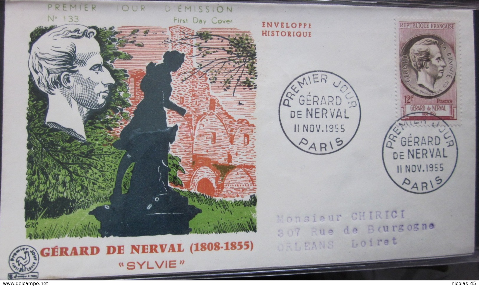 Enveloppe FDC 133 - 1955 - Gérard De Nerval - YT 1043 - Lettres & Documents