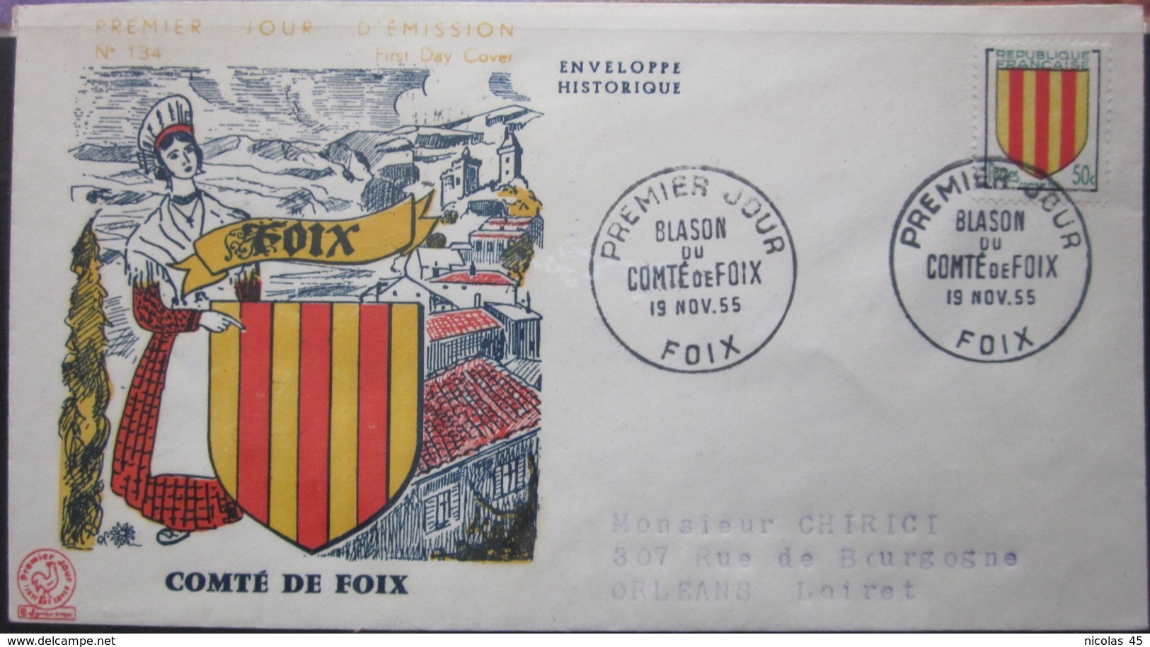 Enveloppe FDC 134 - 1955 - Blason - Foix - YT 1044 - Lettres & Documents