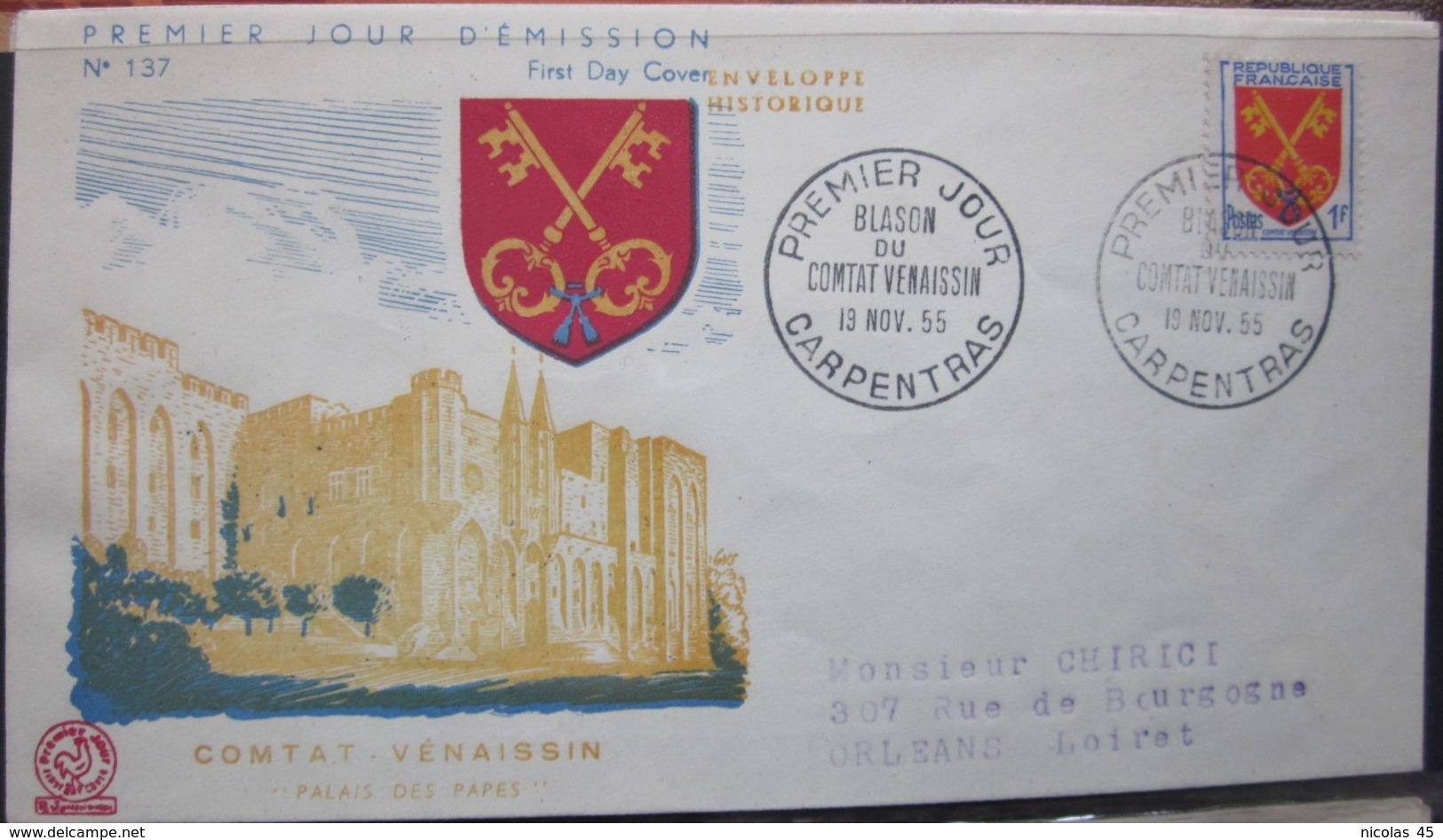 Enveloppe FDC 137 - 1955 - Blason - Carpentras - Venaissin - YT 1047 - Covers & Documents