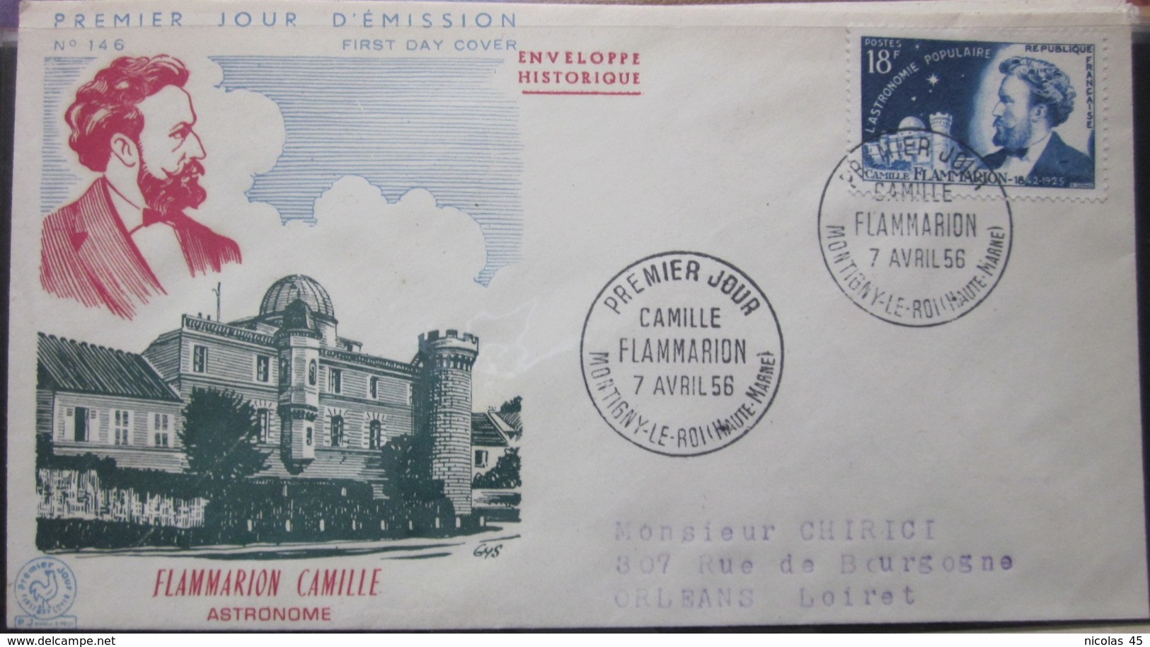 Enveloppe FDC 146 - 1956 - Flammarion - Montigny - Astronome - YT 1057 - Storia Postale