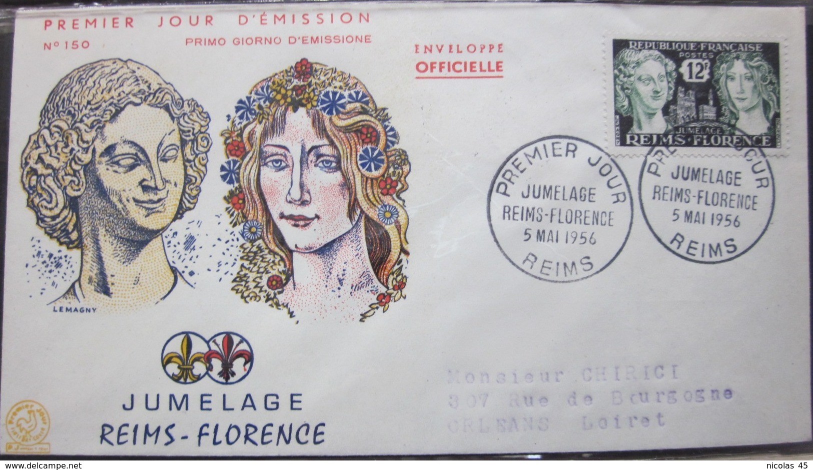 Enveloppe FDC 150 - 1956 - Reims Florence - YT 1061 - Lettres & Documents