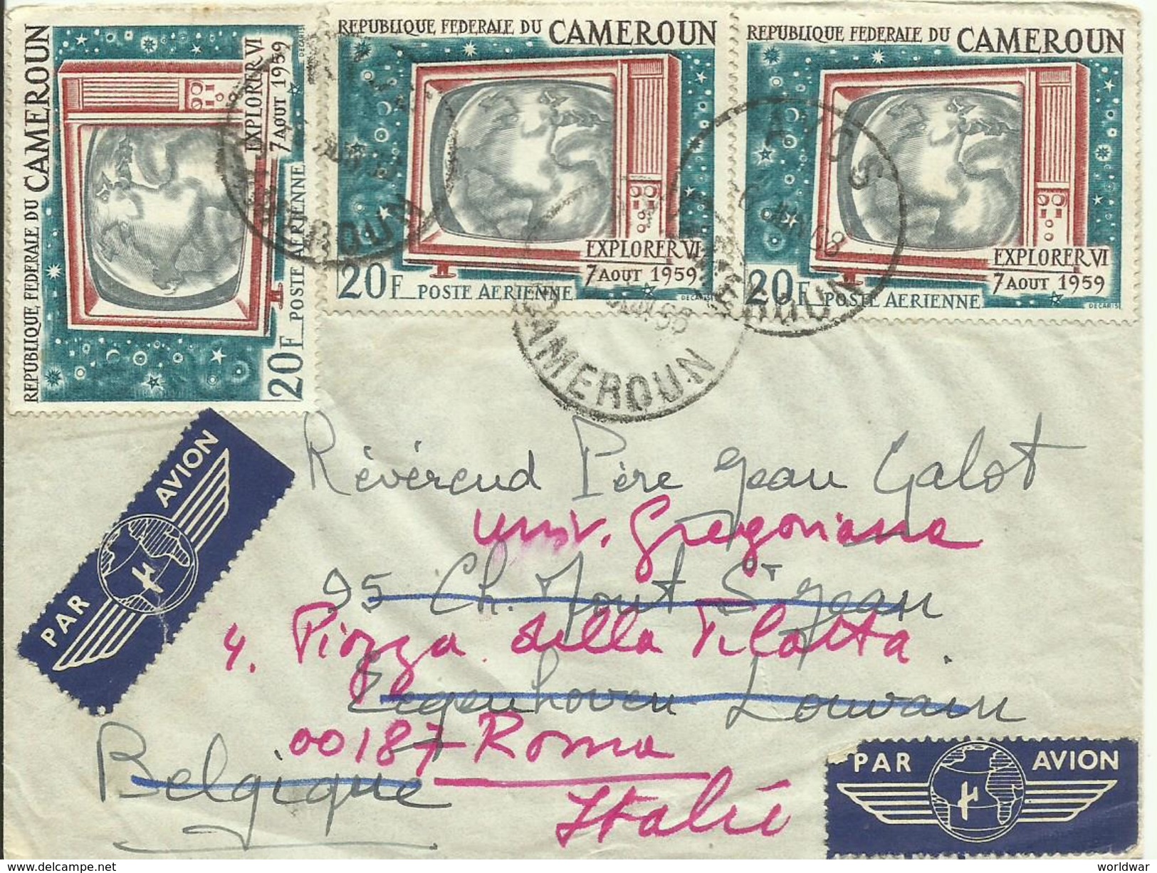 Cameroun  1966 Air Mail Letter To Leuven, Belgium, Forwarded To Roma, Italia - Cameroun (1960-...)