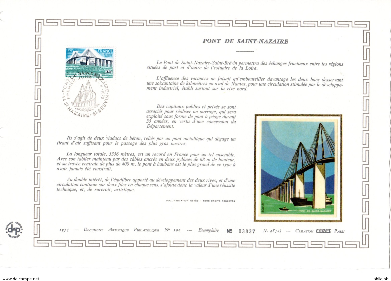 FRANCE 1975 : Feuillet DAP 1° Jour CERES En Soie RARE (4850 Ex) " PONT DE SAINT-NAZAIRE " N° YT 1856. Parfait état - Ponti