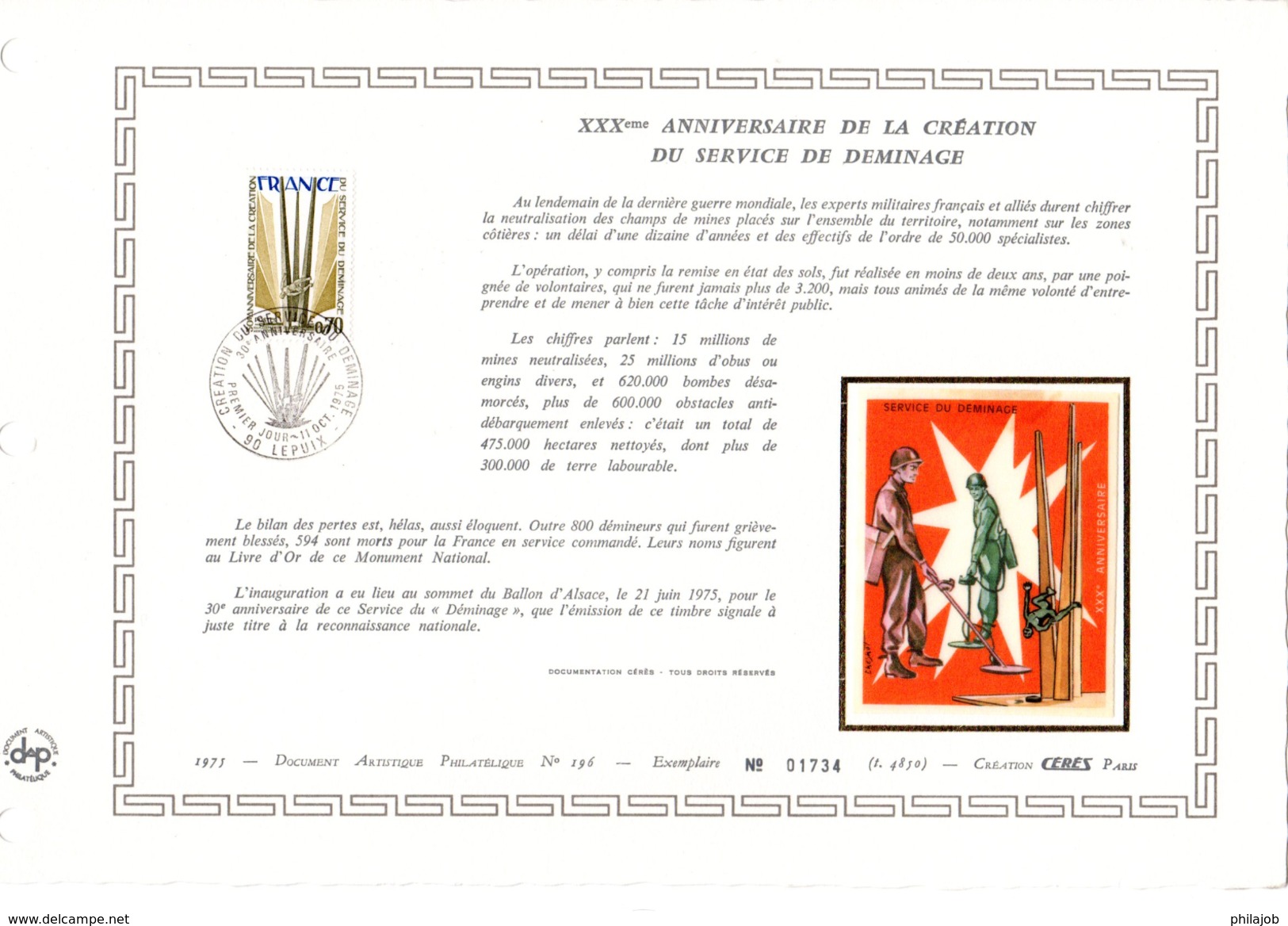 FRANCE 1975 : Feuillet DAP 1° Jour CERES En Soie RARE (4850 Ex) " SERVICE DE DEMINAGE " N° YT 1854. Parfait état - Militares