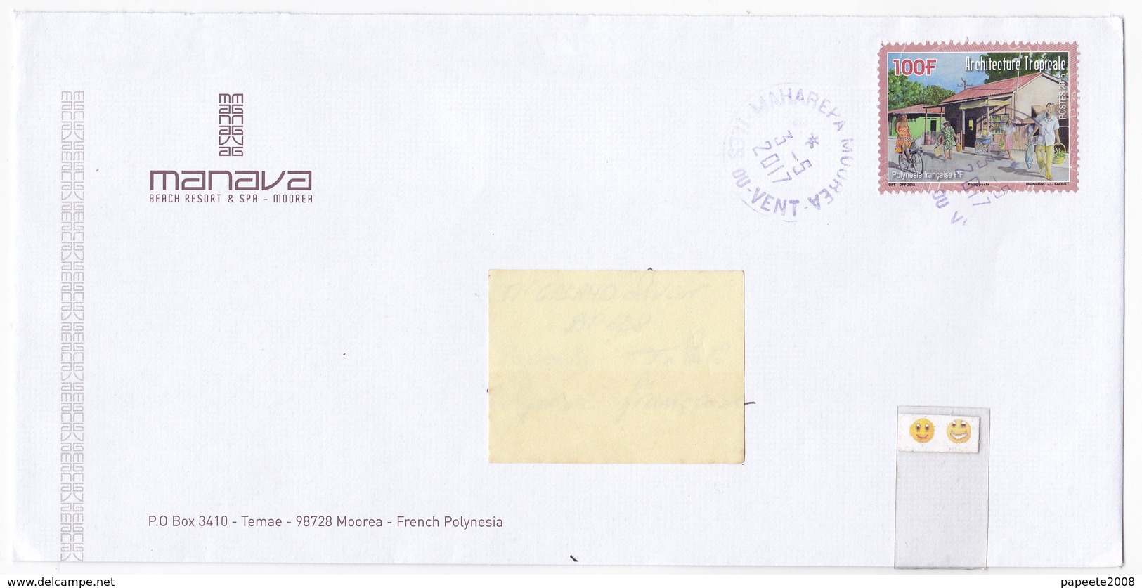 Polynésie Française / Moorea / Maharepa - 1 Enveloppe Timbrée En 2017 / Hôtel Manava De Moorea - Storia Postale