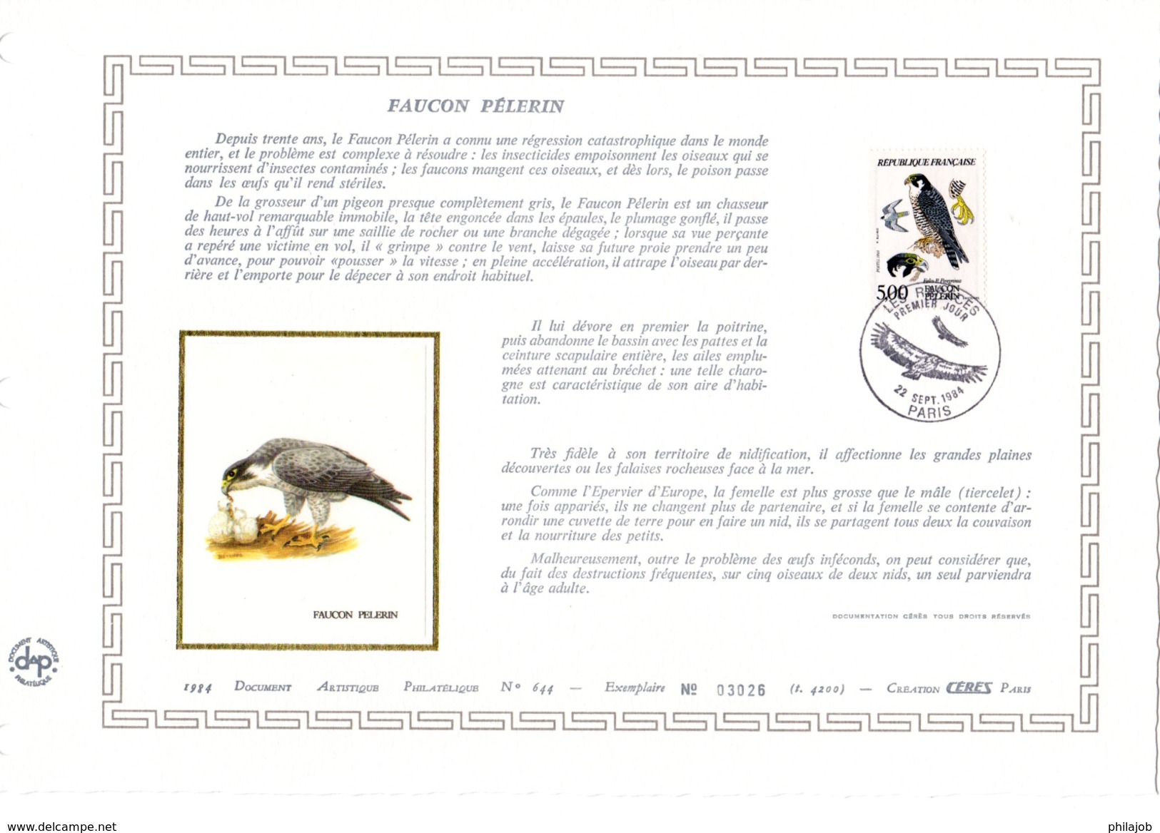 FRANCE 1984 : Feuillet DAP 1° Jour CERES En Soie RARE (4200 Ex) " FAUCON PELERIN " N° YT 2340. Parfait état - Águilas & Aves De Presa