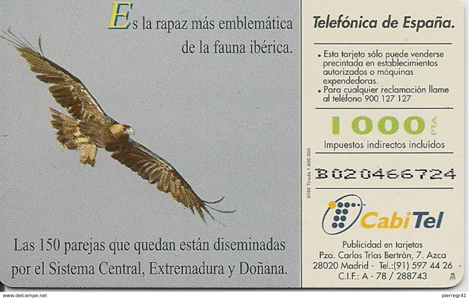 CARTE-PUCE-ESPAGNE-Gem-05/96-AIGLE IMPERIAL-TBE- - Águilas & Aves De Presa