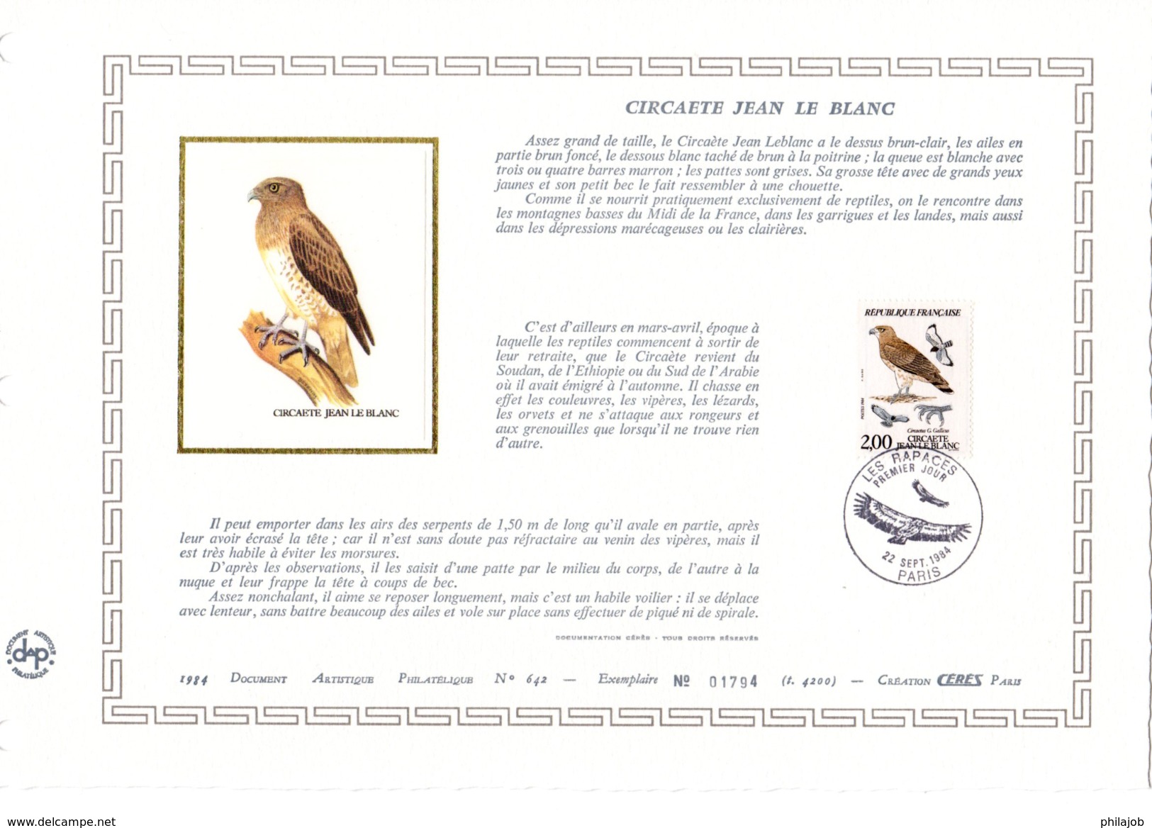 FRANCE 1984 : Feuillet DAP 1° Jour CERES En Soie RARE (4200 Ex) " CIRCATE JEAN LE BLANC " N° YT 2338. Parfait état - Águilas & Aves De Presa