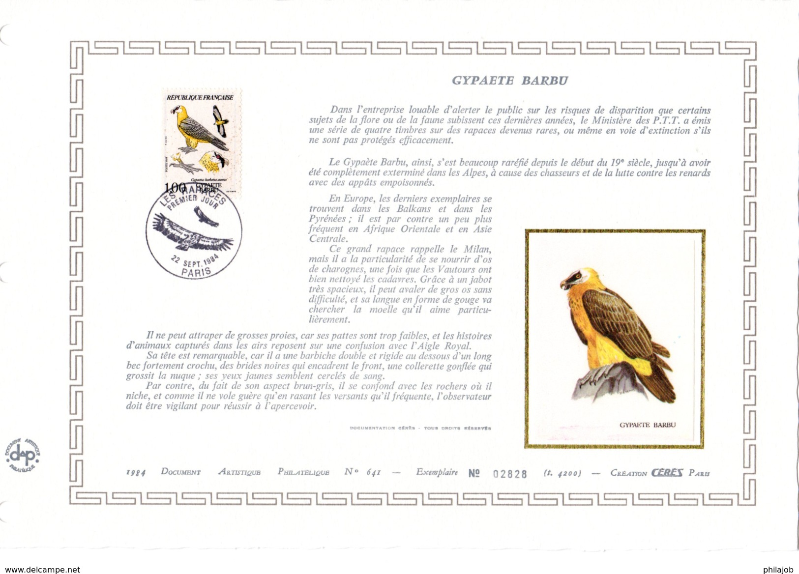 FRANCE 1984 : Feuillet DAP 1° Jour CERES En Soie RARE (4200 Ex) " GYPAETE BARBU " N° YT 2337. Parfait état - Águilas & Aves De Presa