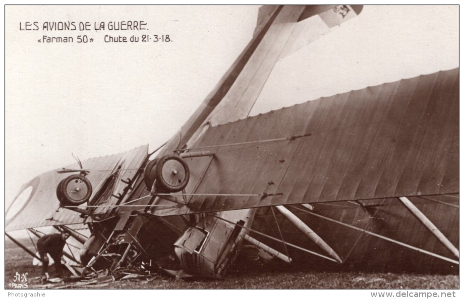 France WWI Aviation Accident Du Biplan Farman F.50 Ancienne Carte Photo Noyer 1918 - Aviation