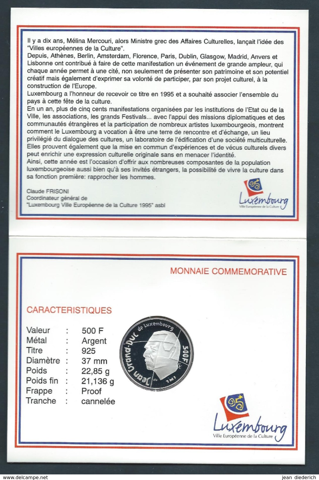 . Luxembourg (Luxemburg) - 500 Francs De 1995 - Qualité Proof Présenté Sous Pochette Illustrée (Argent, Silber, Silver) - Luxembourg