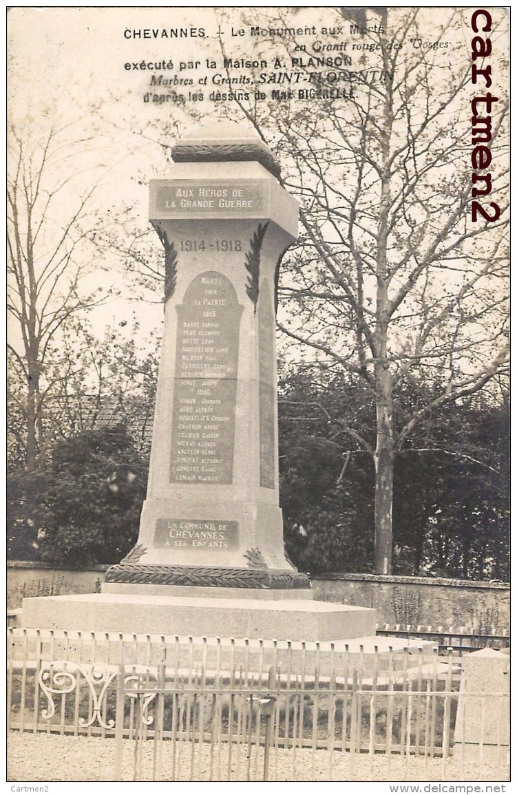 CARTE PHOTO : CHEVANNES MONUMENT AUX MORTS EXECUTE PAR LA MAISON A. PLANSON SAINT-FLORENTIN DESSIN DE BIGERELLE  YONNE - Chevannes