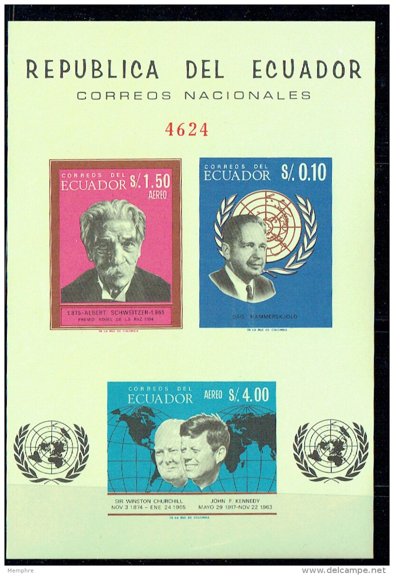 1965  Famous Mes Albert Schweitzer, Hammerskjold, Kennedy, Churchill Imperf Sheet Of 3 Different ** - Ecuador