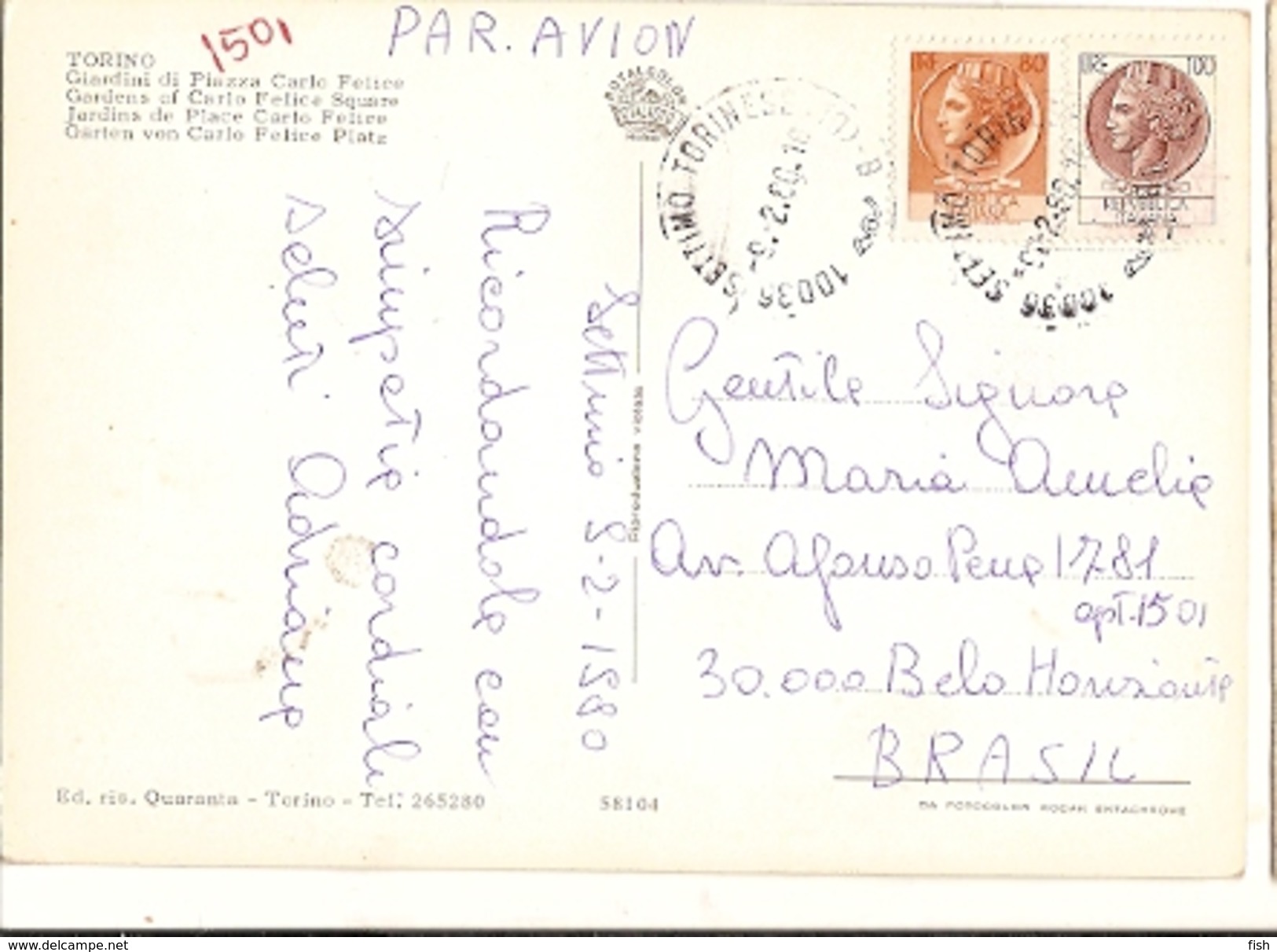 Italy & Used Postal, Giardini Di Piazza Carlo Felice, Torino To Belo Horizonte Brasil 1980 (58104) - Parks & Gärten