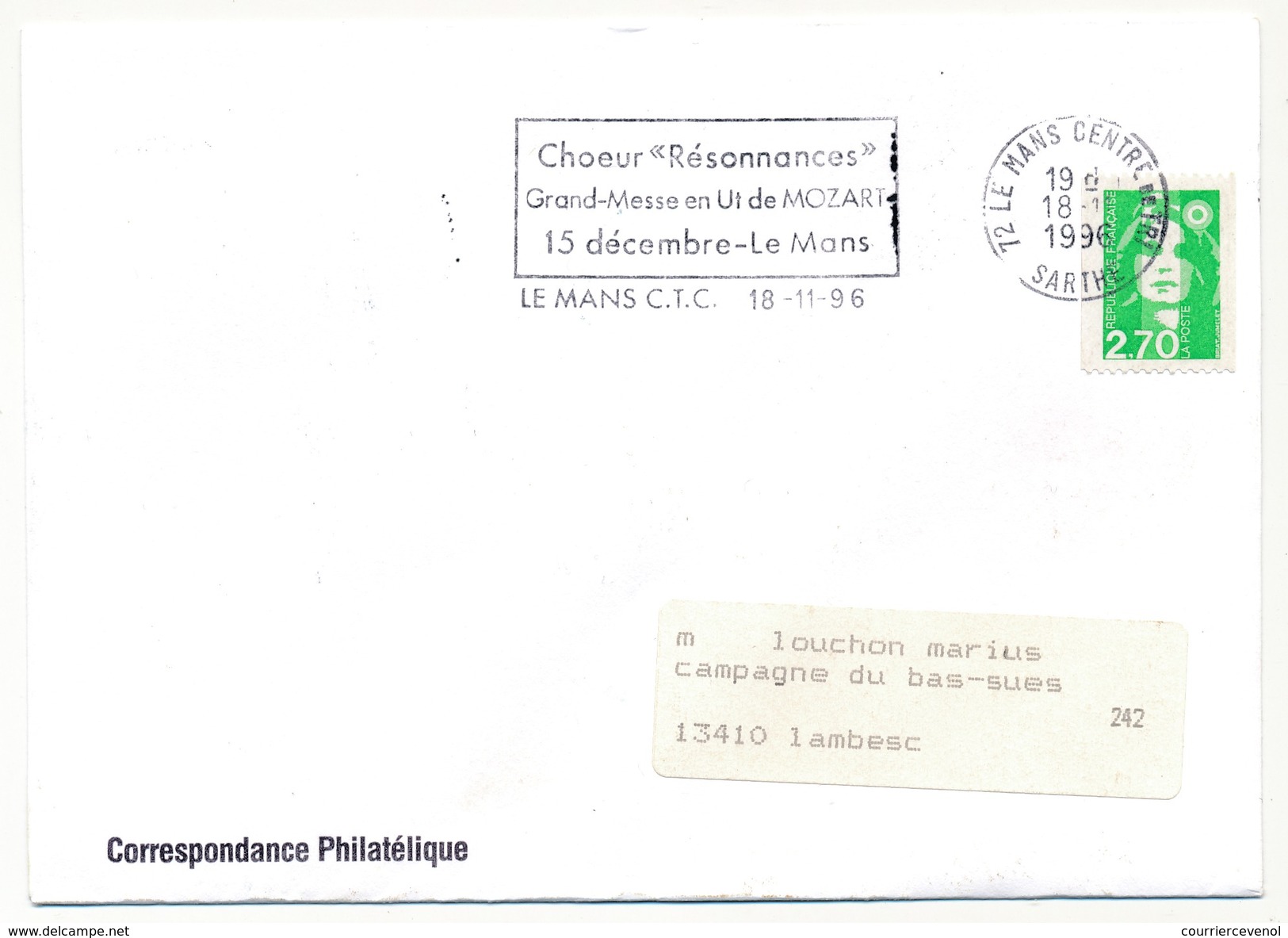 FRANCE - Env. Affr 2,70 Briat - OMEC "Choeur -Résonnances- Grand Messe En Ut... " LE MANS CTC (Sarthe) 1996 - Muziek