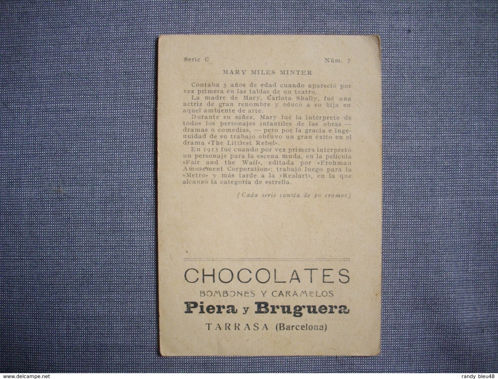 Carte Vignette  Publicitaire 1920  D'espagne  - MARY MILES MINTER - Actrice Américaine  - Chocolates PIERA Y BRUGUERA - Attori