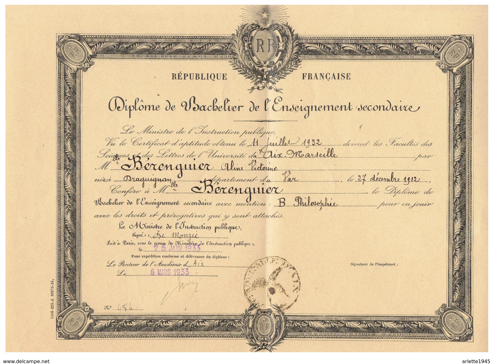 R F  DIPLOME DE BACHELIER DE L'ENSEIGNEMENT SECONDAIRE  à DRAGUIGNAN (VAR )  1933 - Diplômes & Bulletins Scolaires