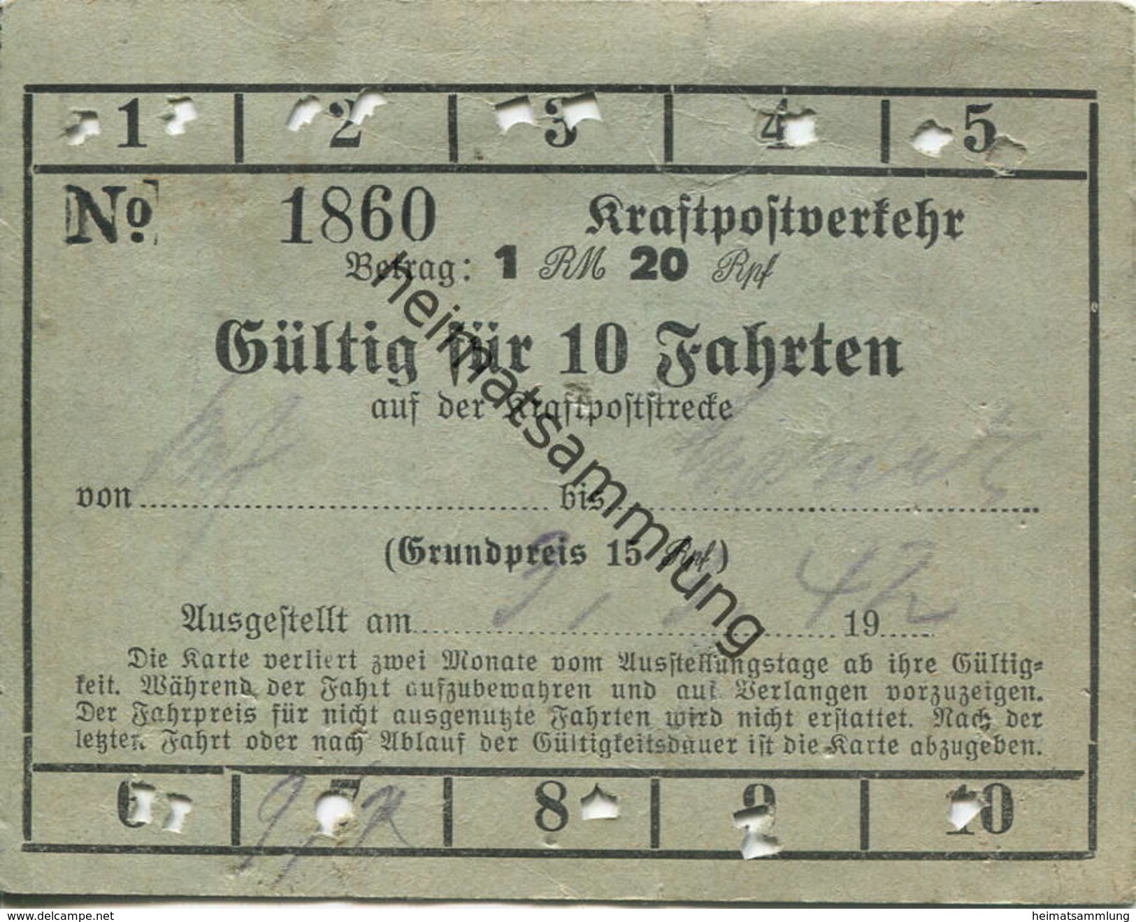 Deutschland - Kraftpostverkehr 1942 - Gültig Für 10 Fahrten Auf Der Kraftpoststrecke - Fahrkarte 1RM 20Rpf - Europe