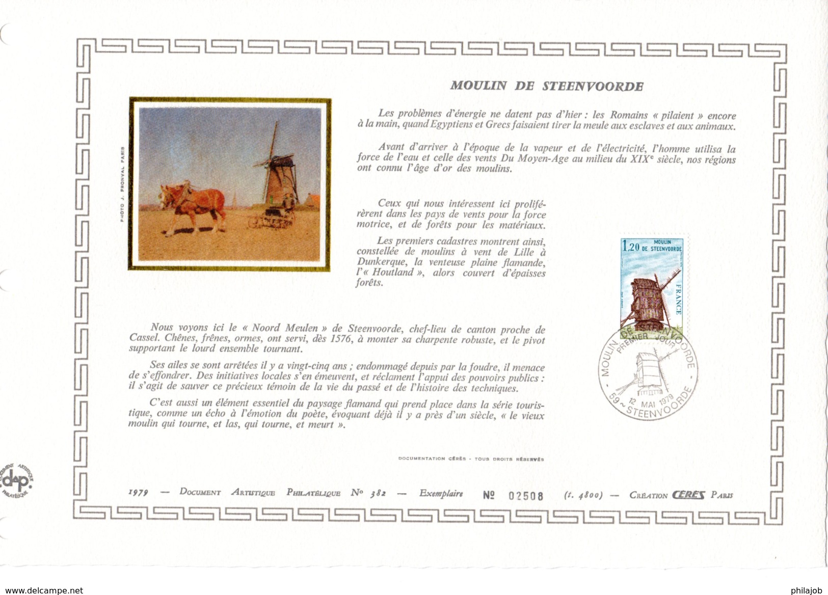 FRANCE 1979 : Feuillet DAP 1° Jour CERES En Soie RARE (4900 Ex) " MOULIN DE STEENVOORDE " N° YT 2042. Parfait état - Windmills