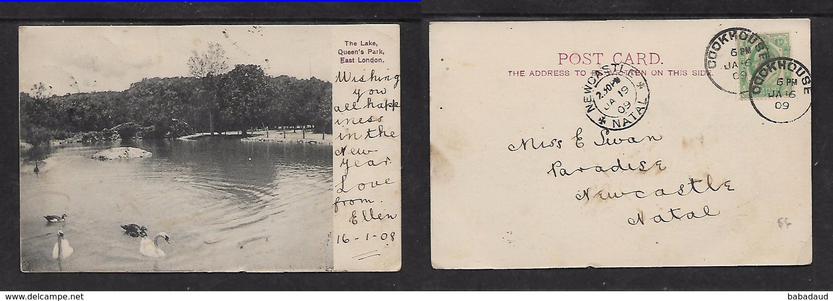 S Africa The Lake, Queens Park, E.London (swans) Used  1909,  COOKHOUSE  > NEWCASTLE NATAL - Sudáfrica