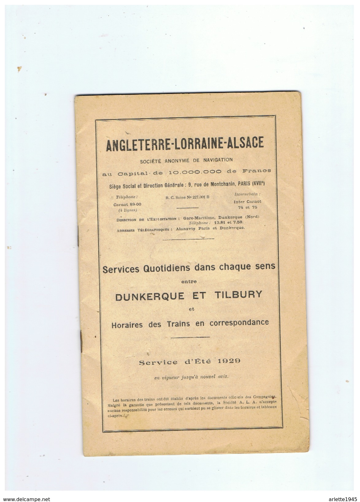 ANGLETERRE LORRAINE ALSACE SERVICES QUOTIDIENS CHAQUE SENS DUNKERQUE ET TILNURY DES TRAINS 1929 - Eisenbahnverkehr