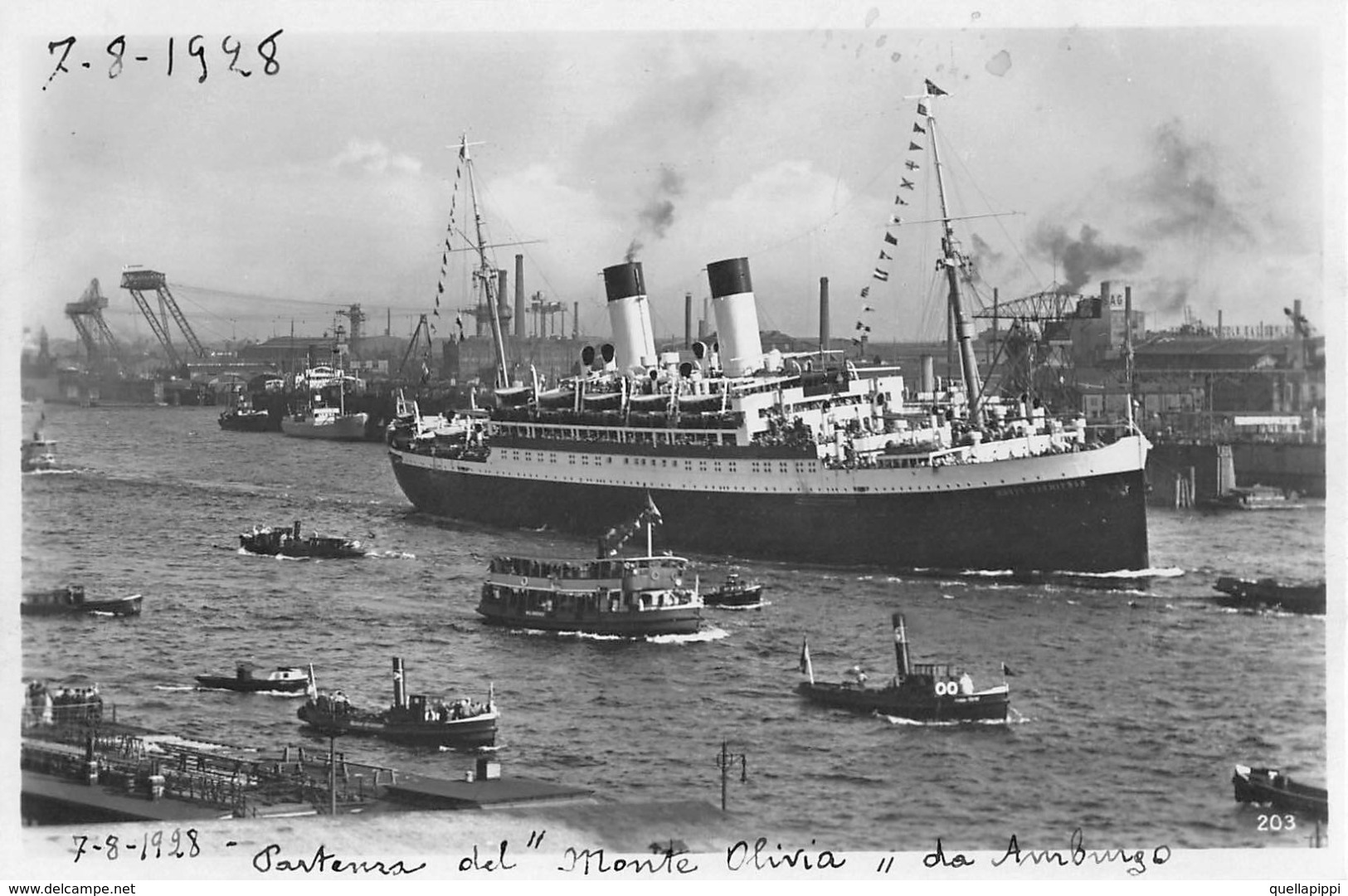 D5809 "HAMBURG - PARTENZA DEL MONTE OLIVIA 1928 - NAVE MONTESARMIENTO" ANIMATA. CART NON SPED - Dampfer