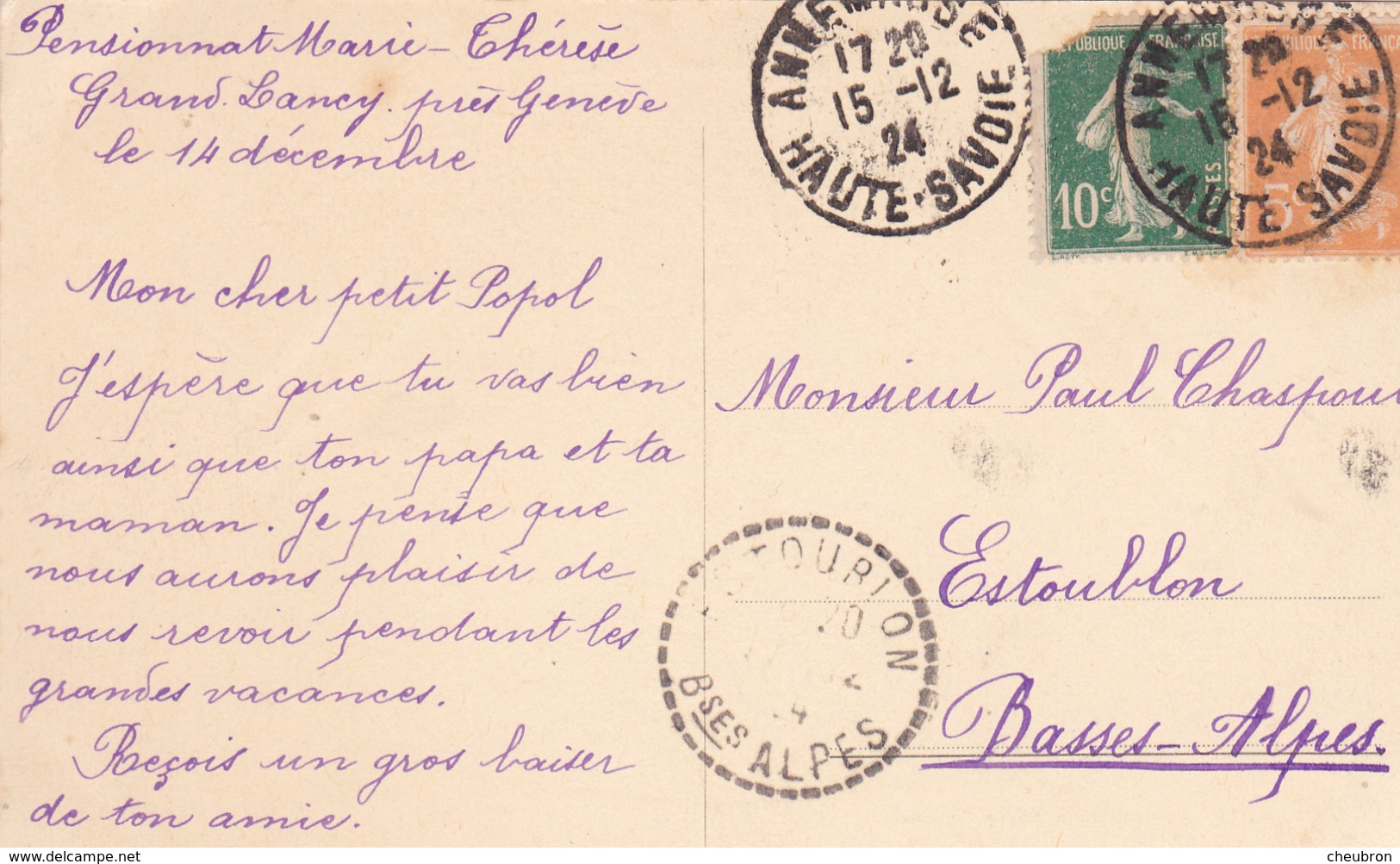 SUISSE . GRAND LANCY . CPA. PENSIONNAT MARIE THÉRÈSE..  ANNÉE  1924 - Lancy