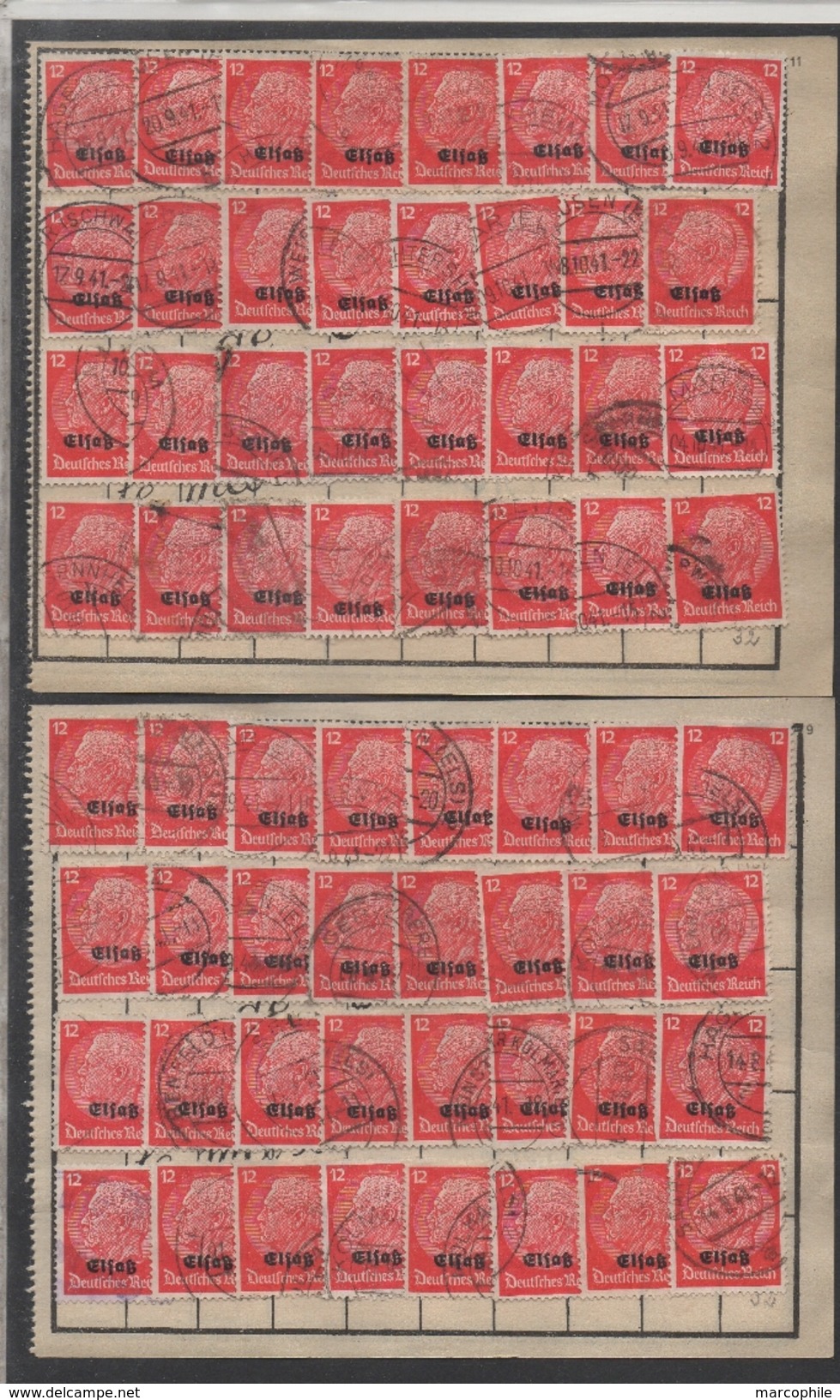 ALSACE - 12 PF ROUGE TYPE HINDENBURG SURCHARGE EN MULTIPLES / COTE 369.00 EUROS /7 IMAGES (ref 6280) - Sonstige & Ohne Zuordnung