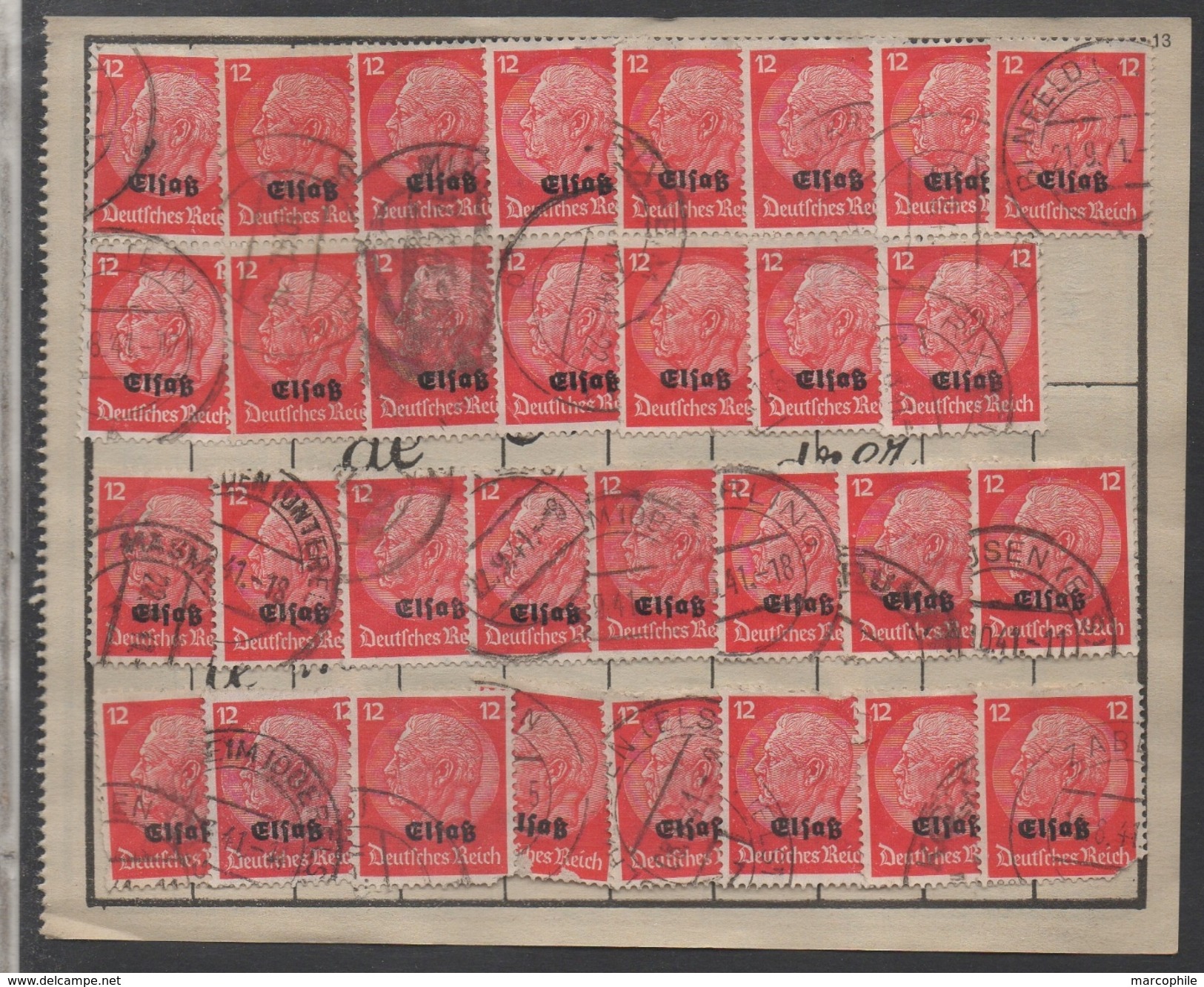 ALSACE - 12 PF ROUGE TYPE HINDENBURG SURCHARGE EN MULTIPLES / COTE 369.00 EUROS /7 IMAGES (ref 6280)