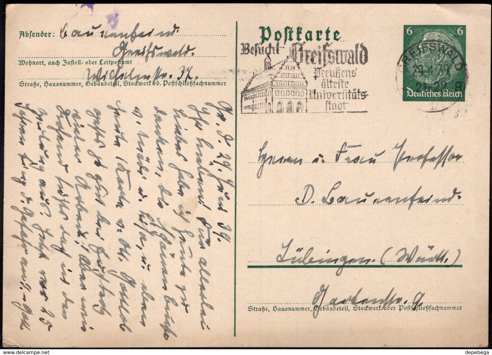 Germany - D.R. - 6 Pf. Stationery Card (Mi. P 226-I) Ganzsache-postkarte, GREIFWALD  29.6.1939. - Otros & Sin Clasificación