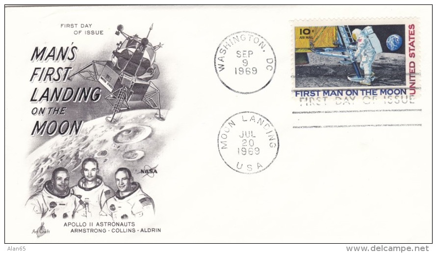 #C76 FDC, 10-cent Moon Landing September 1969 Air Mail Issue First Day Cover 'Moon Landing' Postmark, Space Astronauts - 1961-1970