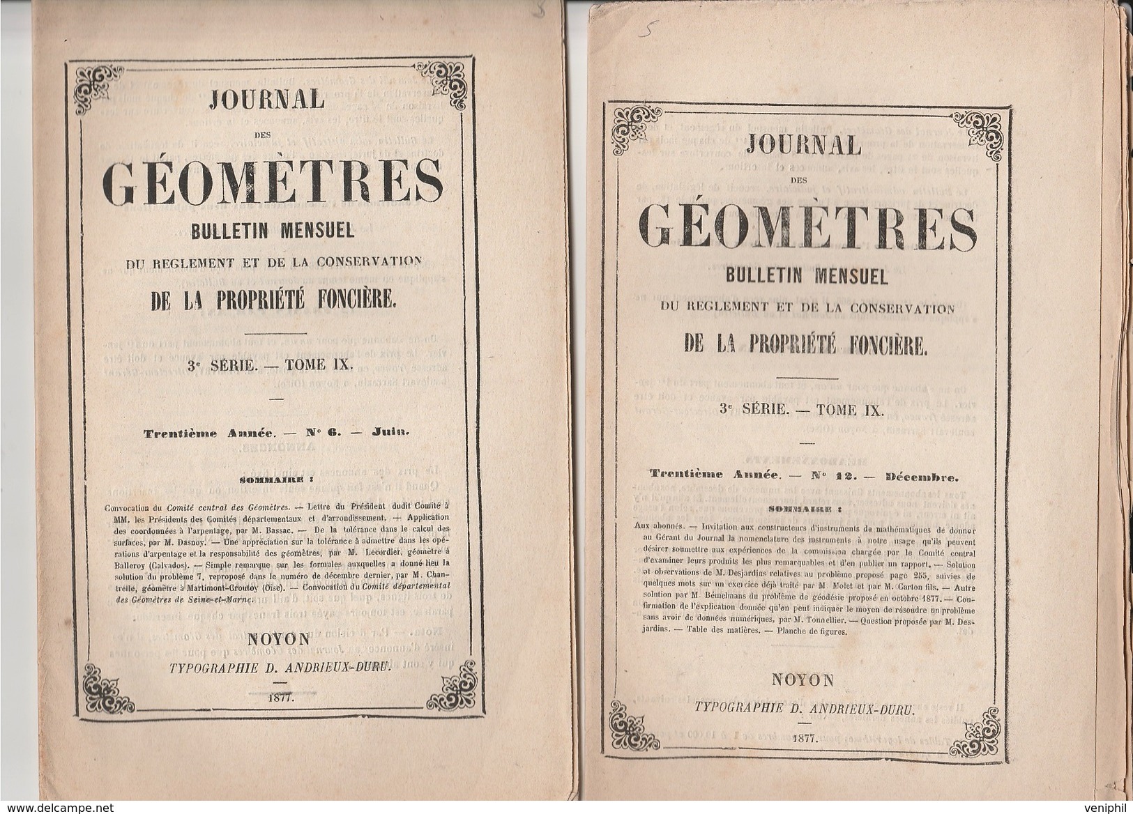 LOT  DE 6 EXEMPLAIRES JOURNAUX ET BULLETINS DES GEOMETRES -ANNEE 1877 --TB - Ohne Zuordnung