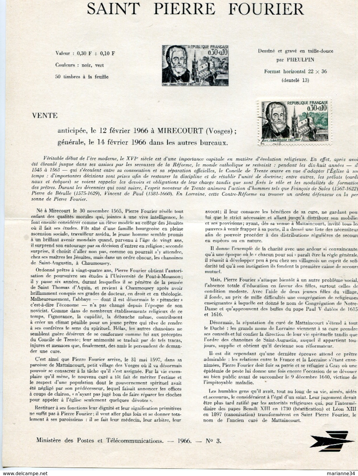 France-1966-document De La Poste-St Pierre Fourier,François Mansart,Marcel Proust (n°s 3,4,5) - Documents Of Postal Services